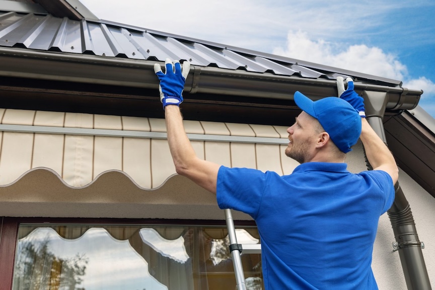 Professional gutter company team working safely on residential project