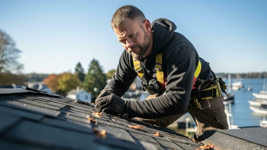 Service man performing basic gutter repair with proper tools and safety equipment