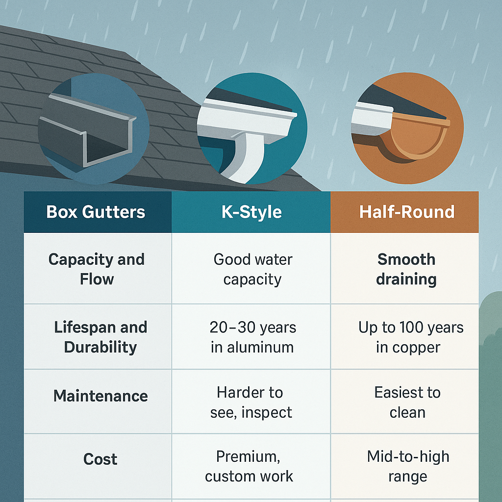 box gutters, gutter cleaning, gutter installation Washington, gutter lifespan, gutter maintenance, gutter repair washington, gutter system types, gutter upgrade, half-round gutters, K-style gutters