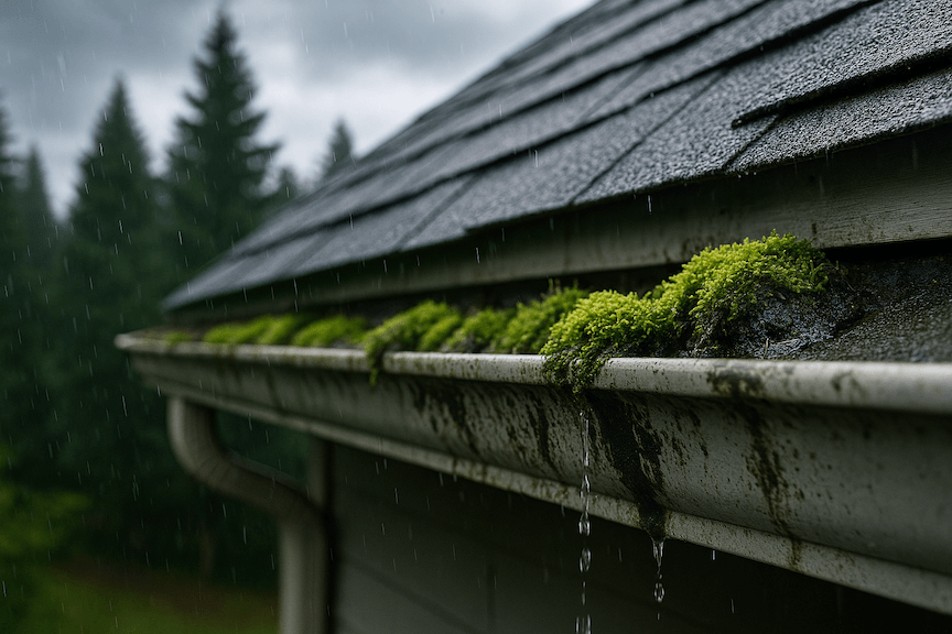 Moss and mold growth in Washington gutters showing regional climate challenges