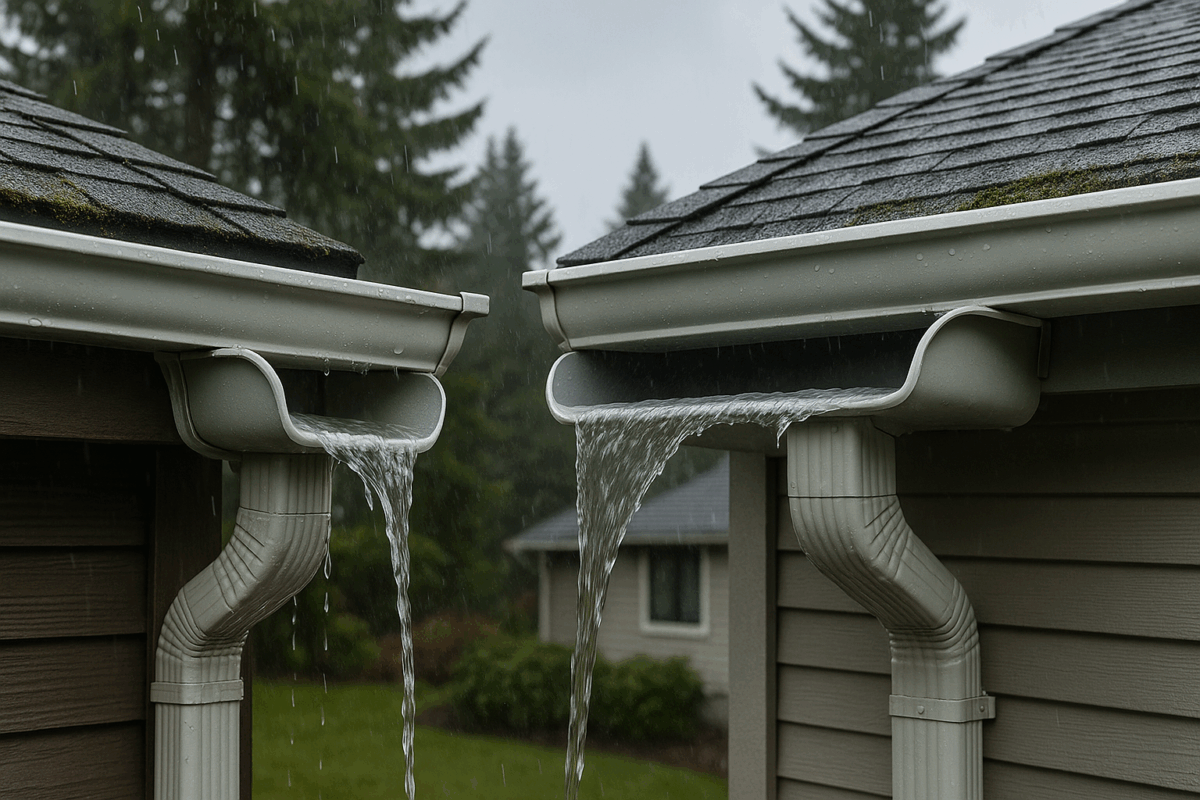 gutter sizing, 6-inch gutters vs 5-inch gutters, seamless gutters Washington, Washington rain gutters, gutter installation near me, gutter replacement Washington, aluminum gutters, downspout sizing, preventing gutter overflow, water damage prevention