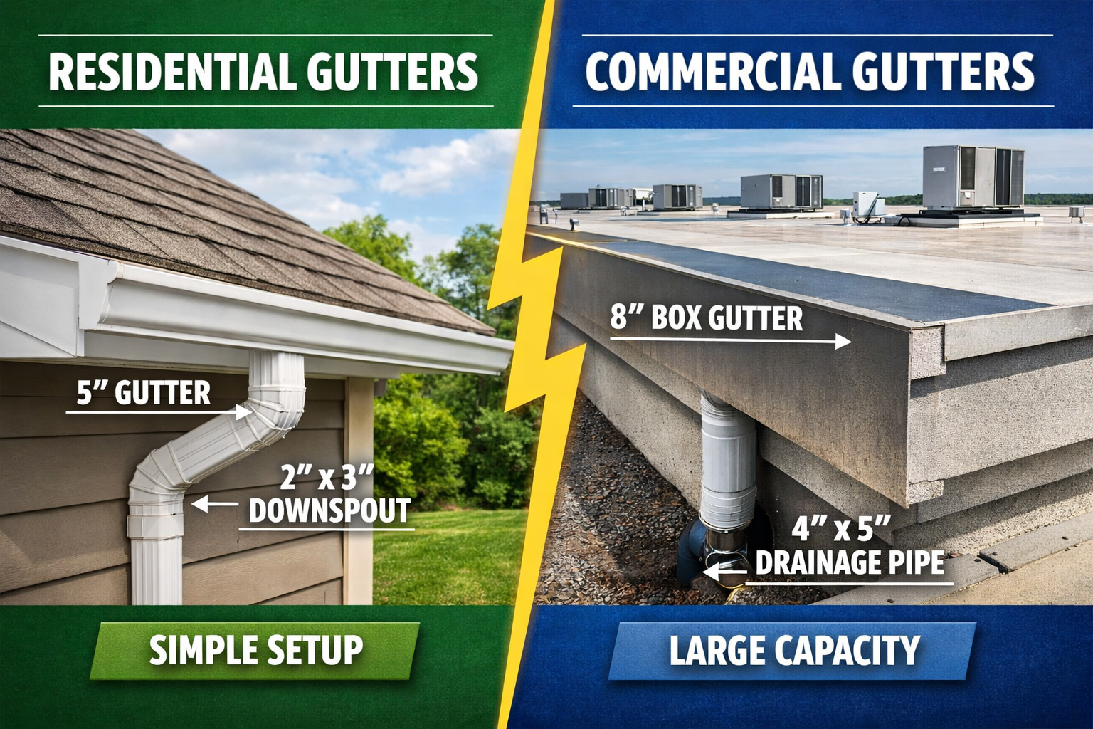commercial gutters, commercial downspouts, box gutters, commercial roof drainage, gutter installation, commercial gutter systems, commercial gutter installation