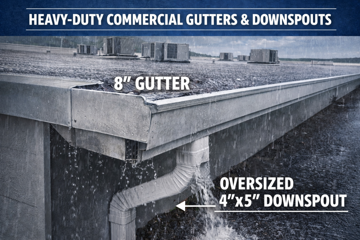 commercial gutters, heavy duty gutters, commercial downspouts, gutter installation Washington, commercial roof drainage, large roof drainage, commercial gutter installation