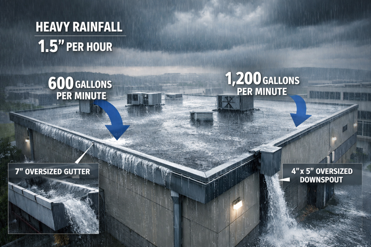 commercial gutter sizing, rainfall intensity, commercial gutters, gutter design, downspout sizing, stormwater drainage