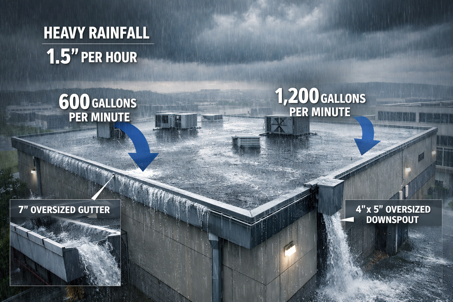 commercial gutter sizing, rainfall intensity, commercial gutters, gutter design, downspout sizing, stormwater drainage