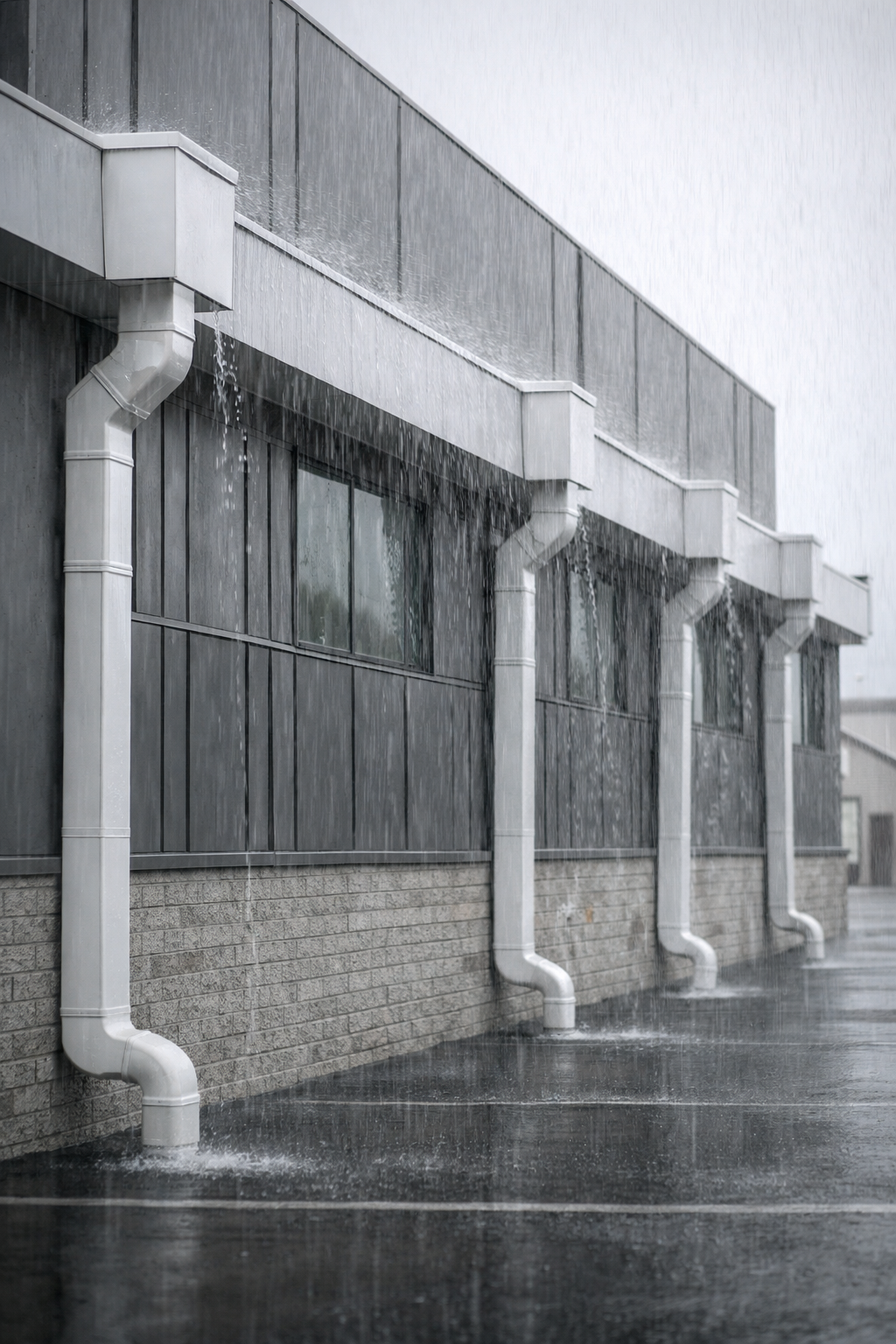 custom commercial gutters, gutter sizing, commercial gutter installation, box gutters, downspout sizing, stormwater drainage