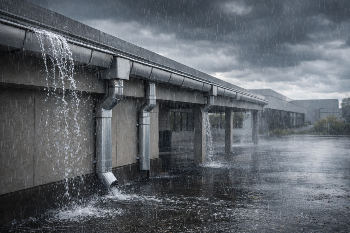 Commercial gutters and downspouts overflowing during heavy rainfall on a large building, showing drainage failure and water pooling near foundation